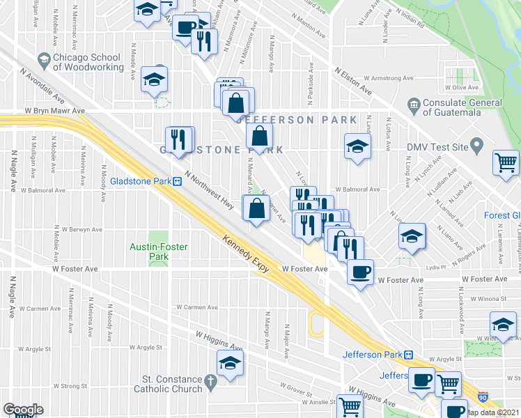 map of restaurants, bars, coffee shops, grocery stores, and more near 5421 North Menard Avenue in Chicago
