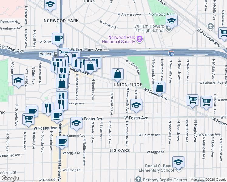 map of restaurants, bars, coffee shops, grocery stores, and more near 6848 West Balmoral Avenue in Chicago