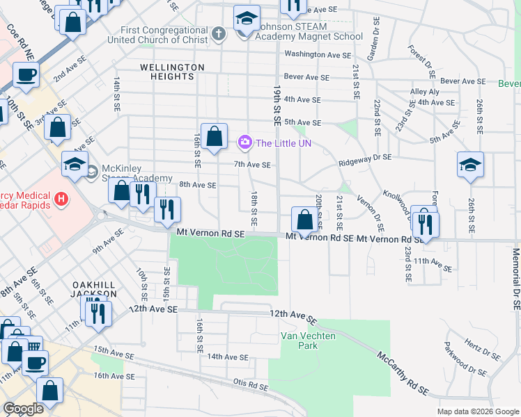 map of restaurants, bars, coffee shops, grocery stores, and more near 818 18th Street Southeast in Cedar Rapids