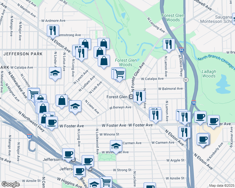 map of restaurants, bars, coffee shops, grocery stores, and more near 5364 North Elston Avenue in Chicago