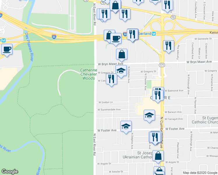 map of restaurants, bars, coffee shops, grocery stores, and more near 5431 Northeast River Road in Chicago