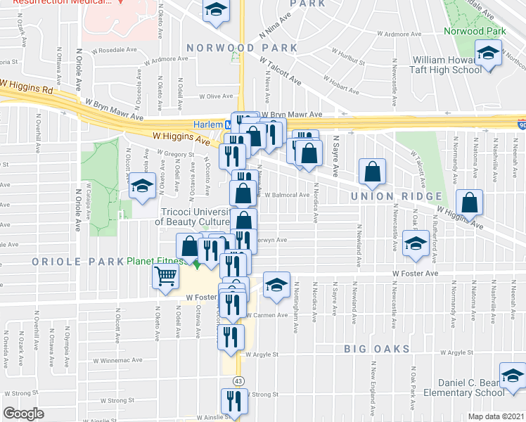 map of restaurants, bars, coffee shops, grocery stores, and more near 5345 North Neva Avenue in Chicago