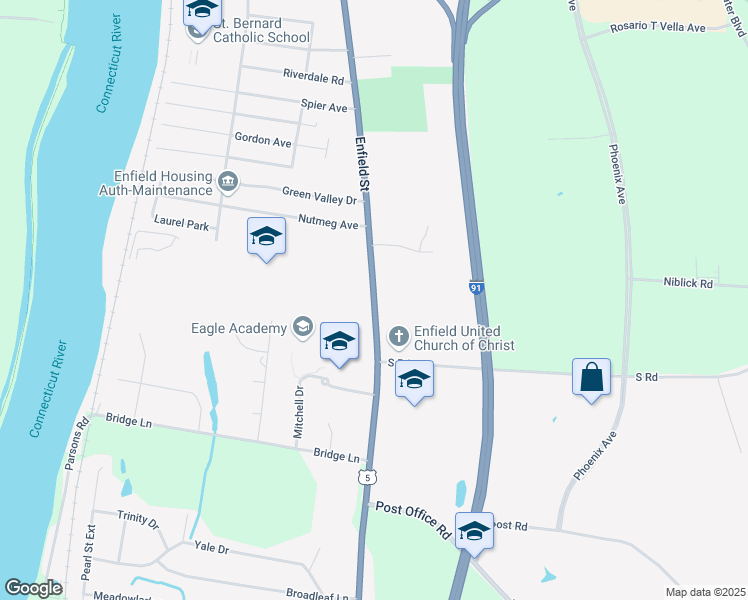 map of restaurants, bars, coffee shops, grocery stores, and more near 1270 Enfield Street in Enfield