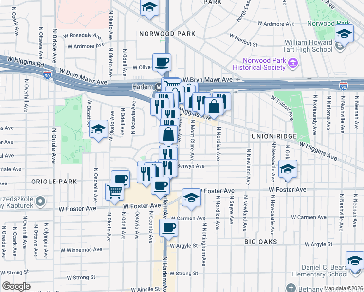 map of restaurants, bars, coffee shops, grocery stores, and more near 5345 North Neva Avenue in Chicago