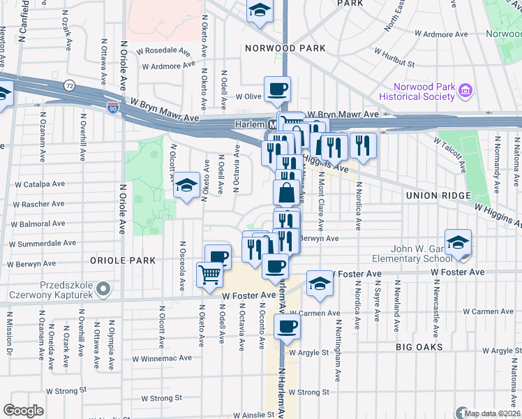 map of restaurants, bars, coffee shops, grocery stores, and more near 7235 West Rascher Avenue in Chicago