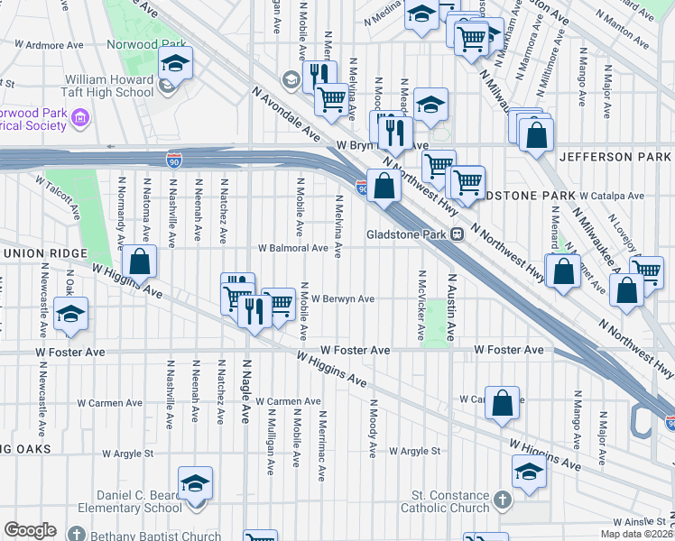 map of restaurants, bars, coffee shops, grocery stores, and more near 5353 North Melvina Avenue in Chicago