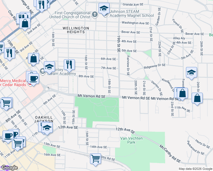 map of restaurants, bars, coffee shops, grocery stores, and more near 818 18th Street Southeast in Cedar Rapids