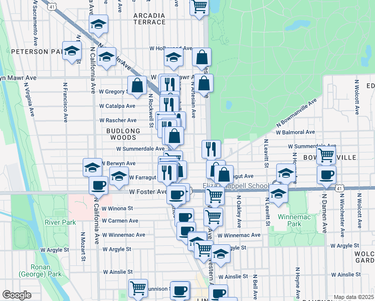 map of restaurants, bars, coffee shops, grocery stores, and more near 2463 West Balmoral Avenue in Chicago