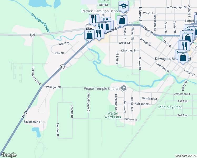 map of restaurants, bars, coffee shops, grocery stores, and more near 28858 Pokagon Street in Dowagiac