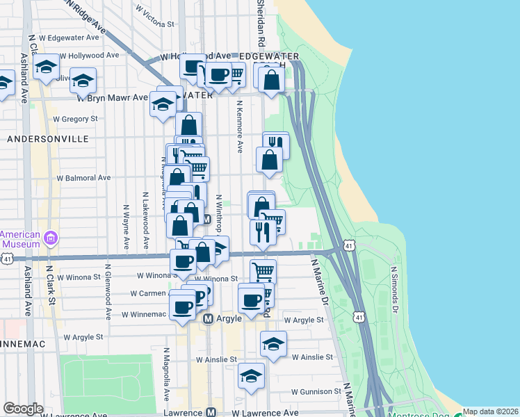 map of restaurants, bars, coffee shops, grocery stores, and more near 5300 North Sheridan Road in Chicago
