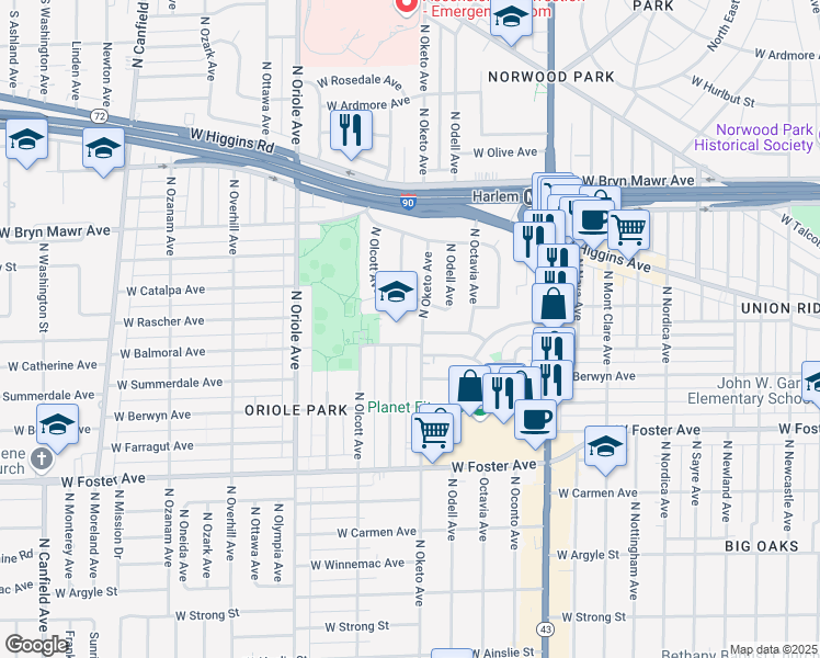 map of restaurants, bars, coffee shops, grocery stores, and more near 5424 North Oketo Avenue in Chicago