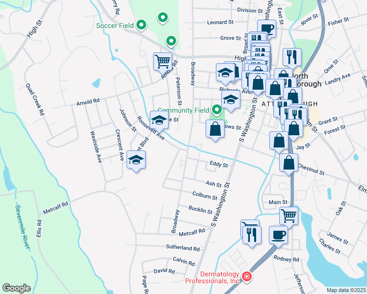 map of restaurants, bars, coffee shops, grocery stores, and more near 151 Roosevelt Avenue in North Attleborough