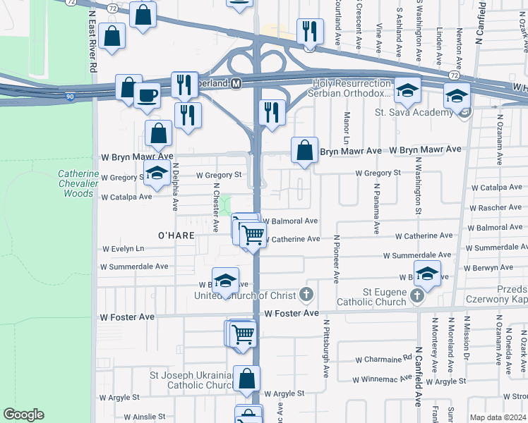map of restaurants, bars, coffee shops, grocery stores, and more near 5503 North Cumberland Avenue in Chicago