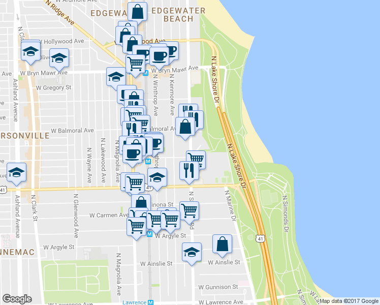 map of restaurants, bars, coffee shops, grocery stores, and more near 5320 North Sheridan Road in Chicago