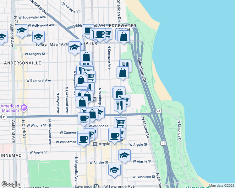 map of restaurants, bars, coffee shops, grocery stores, and more near 5320 North Sheridan Road in Chicago