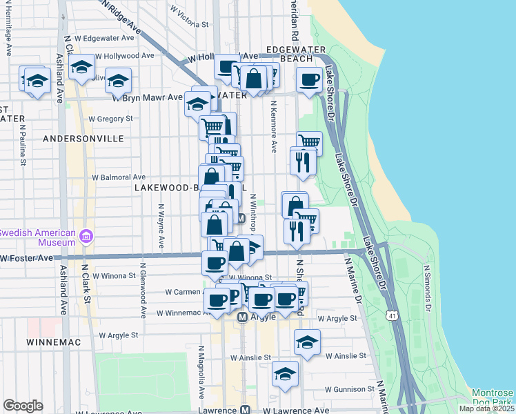 map of restaurants, bars, coffee shops, grocery stores, and more near 5320 North Kenmore Avenue in Chicago
