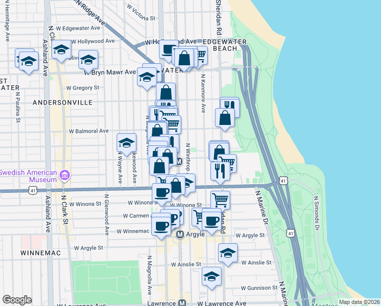 map of restaurants, bars, coffee shops, grocery stores, and more near 5320 North Kenmore Avenue in Chicago