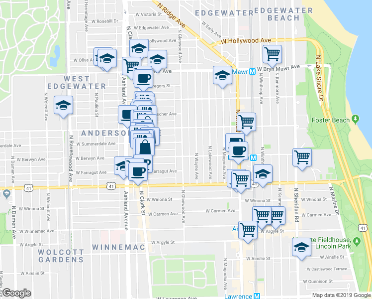 map of restaurants, bars, coffee shops, grocery stores, and more near 5329 North Glenwood Avenue in Chicago