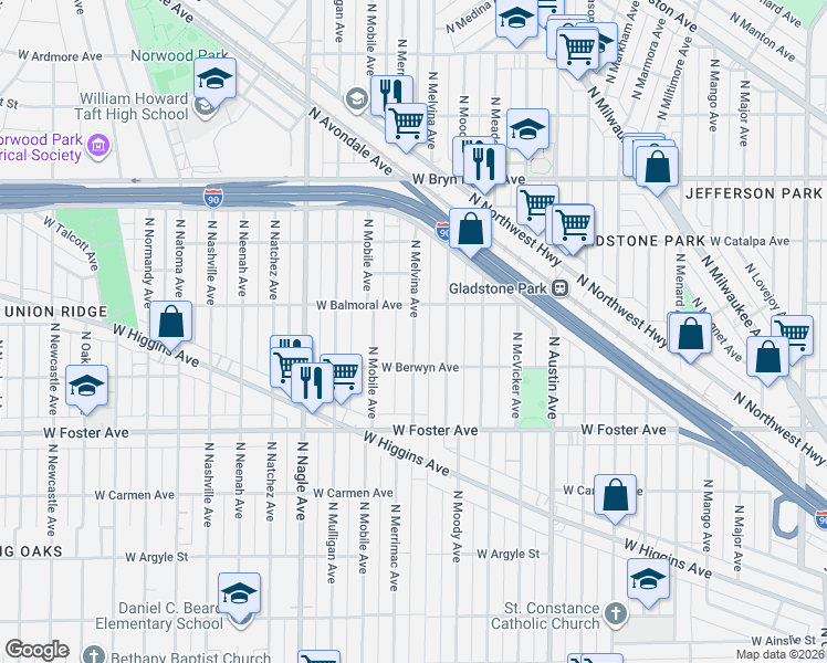 map of restaurants, bars, coffee shops, grocery stores, and more near 5353 North Melvina Avenue in Chicago