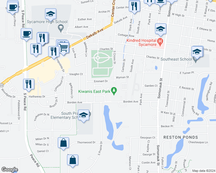 map of restaurants, bars, coffee shops, grocery stores, and more near 626 Emmert Drive in Sycamore