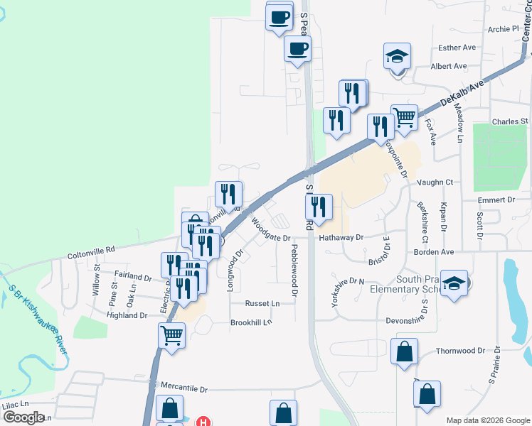 map of restaurants, bars, coffee shops, grocery stores, and more near 1400 Dekalb Avenue in Sycamore