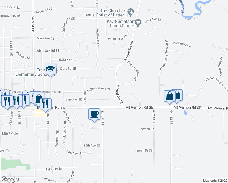 map of restaurants, bars, coffee shops, grocery stores, and more near 4235 Beaver Hollow Southeast in Cedar Rapids
