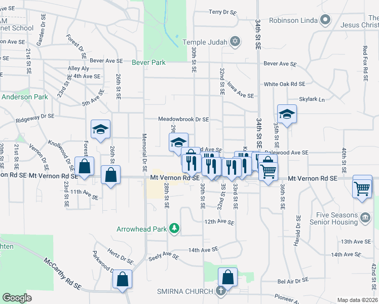 map of restaurants, bars, coffee shops, grocery stores, and more near 647 30th Street Southeast in Cedar Rapids