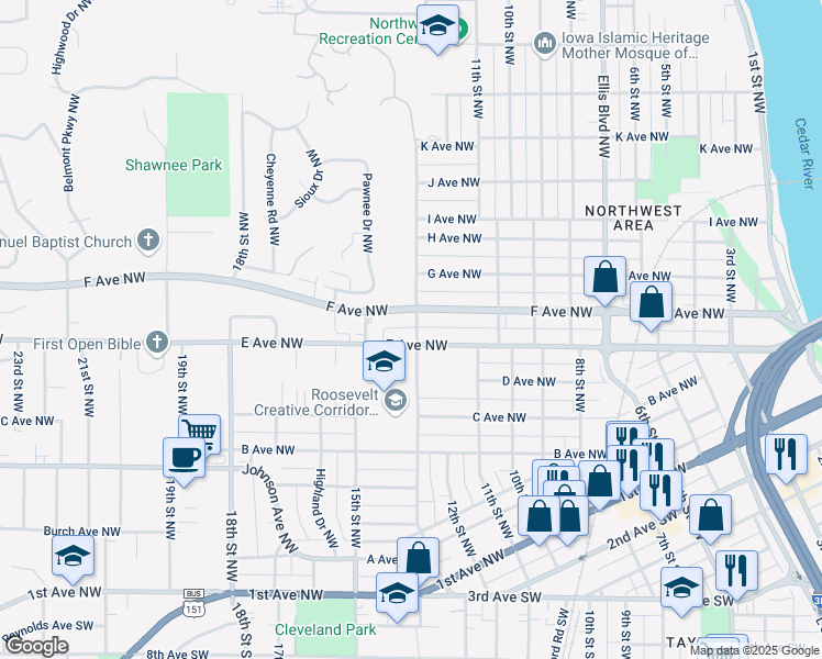 map of restaurants, bars, coffee shops, grocery stores, and more near 1071 Highway 94 in Cedar Rapids