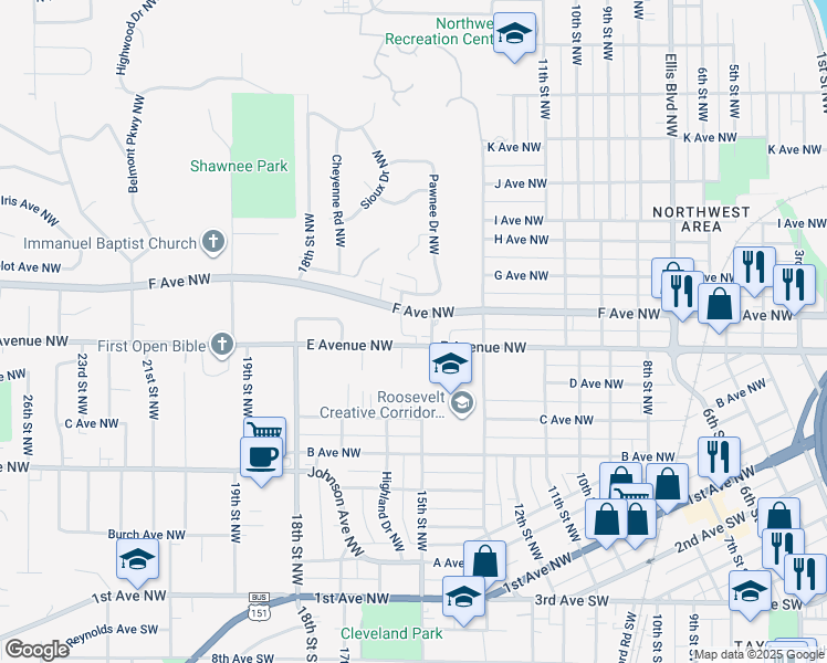 map of restaurants, bars, coffee shops, grocery stores, and more near 1503 F Avenue Northwest in Cedar Rapids