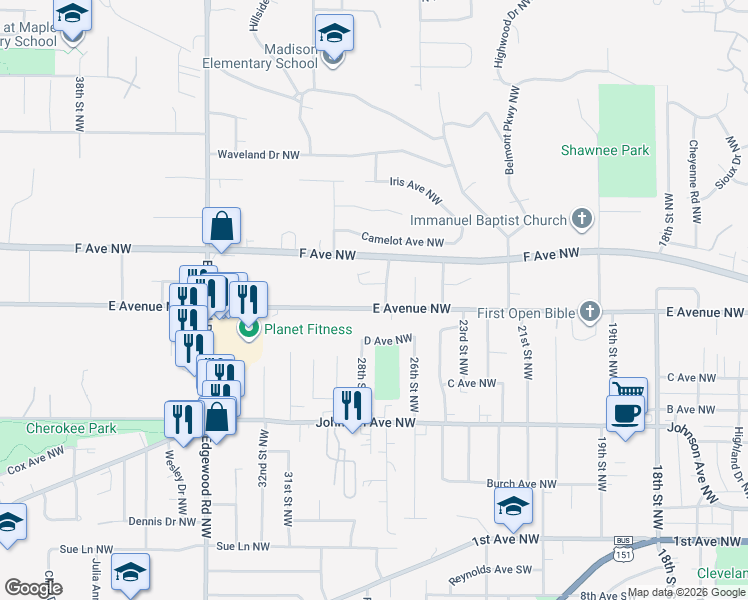 map of restaurants, bars, coffee shops, grocery stores, and more near 2718-2722 Henry Court Northwest in Cedar Rapids