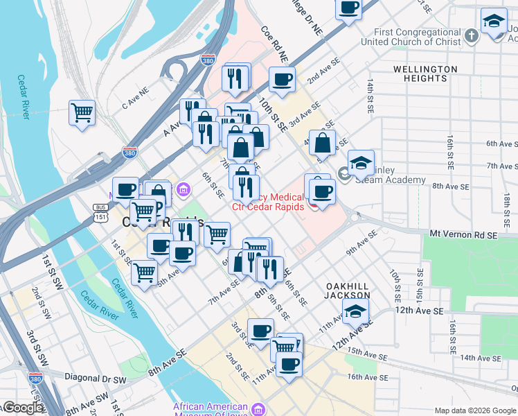 map of restaurants, bars, coffee shops, grocery stores, and more near 499 7th Street Southeast in Cedar Rapids
