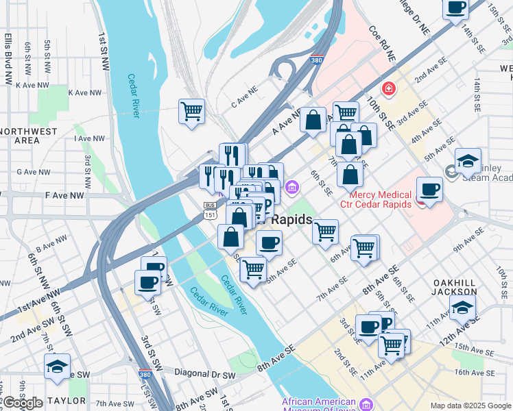 map of restaurants, bars, coffee shops, grocery stores, and more near 305 2nd Avenue Southeast in Cedar Rapids