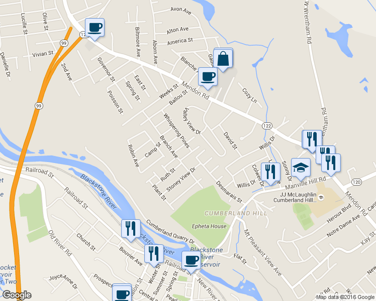 map of restaurants, bars, coffee shops, grocery stores, and more near 55 Whispering Pines in Cumberland
