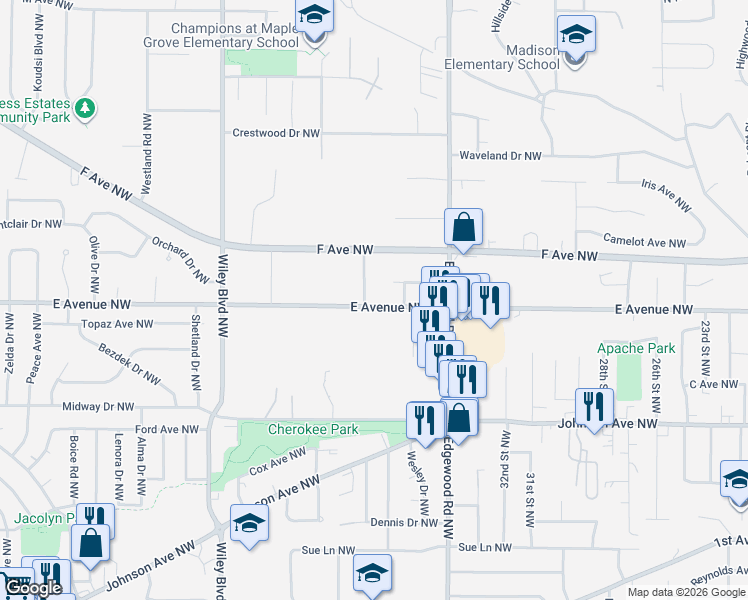 map of restaurants, bars, coffee shops, grocery stores, and more near 3624 E Avenue Northwest in Cedar Rapids