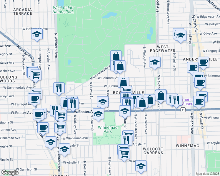 map of restaurants, bars, coffee shops, grocery stores, and more near 2036 West Summerdale Avenue in Chicago