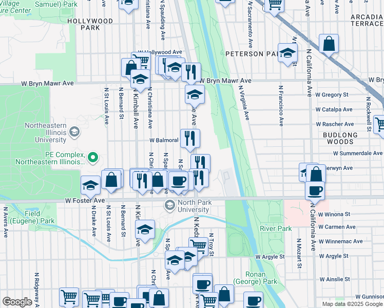 map of restaurants, bars, coffee shops, grocery stores, and more near 5349 North Sawyer Avenue in Chicago