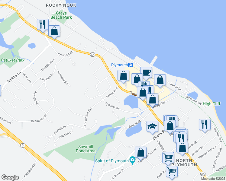 map of restaurants, bars, coffee shops, grocery stores, and more near 15 Forest Avenue in Plymouth