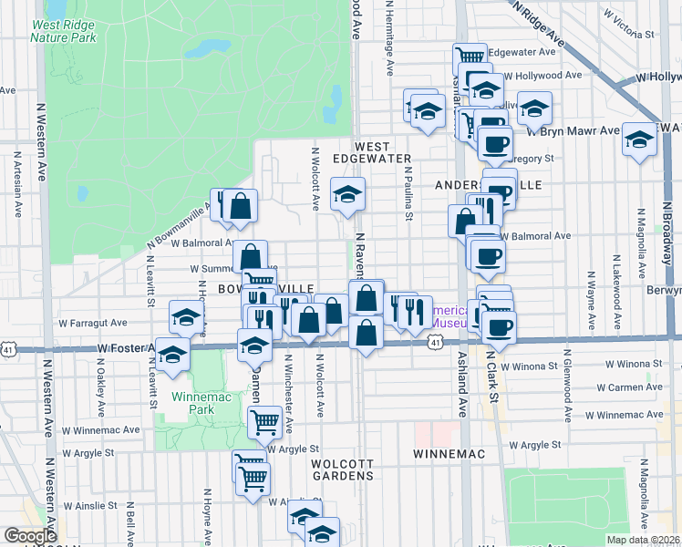 map of restaurants, bars, coffee shops, grocery stores, and more near 5318 North Ravenswood Avenue in Chicago