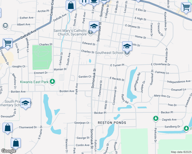 map of restaurants, bars, coffee shops, grocery stores, and more near 937 Townsend Street in Sycamore