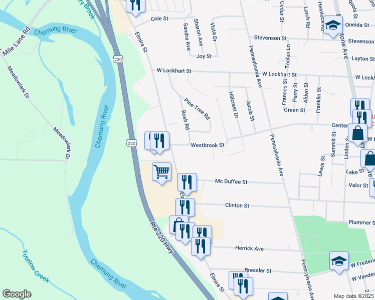 map of restaurants, bars, coffee shops, grocery stores, and more near 19 Rosh Road in Sayre