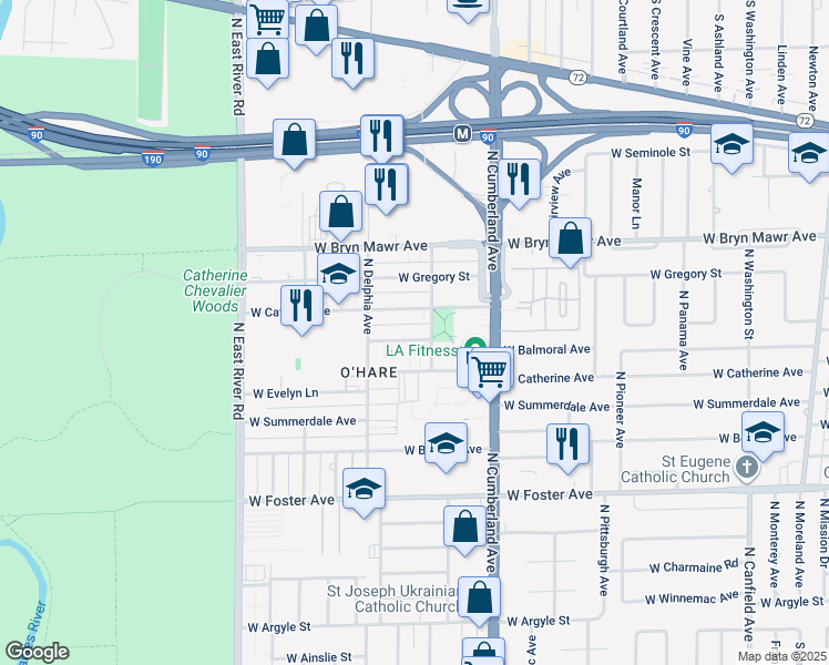 map of restaurants, bars, coffee shops, grocery stores, and more near 8514 West Rascher Avenue in Chicago