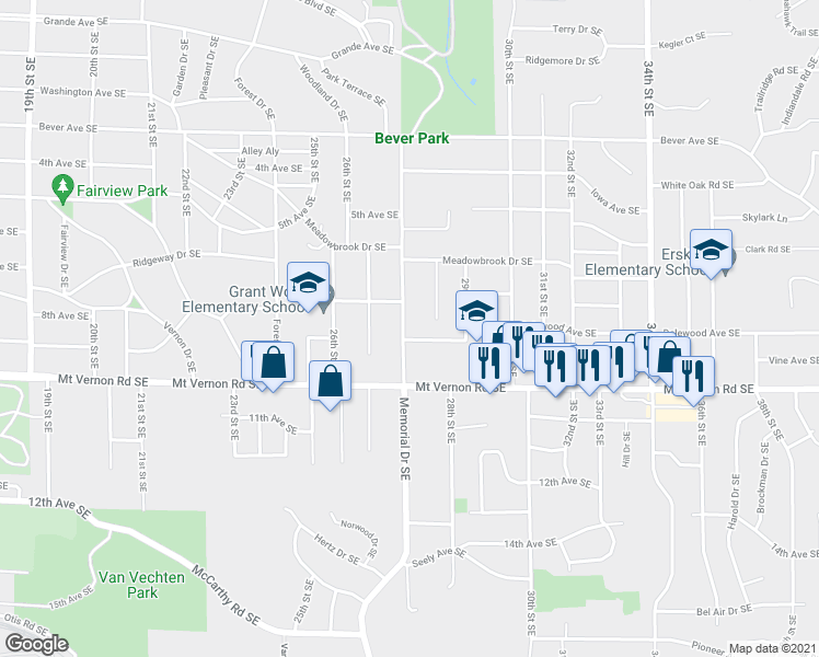 map of restaurants, bars, coffee shops, grocery stores, and more near 656 Memorial Drive Southeast in Cedar Rapids