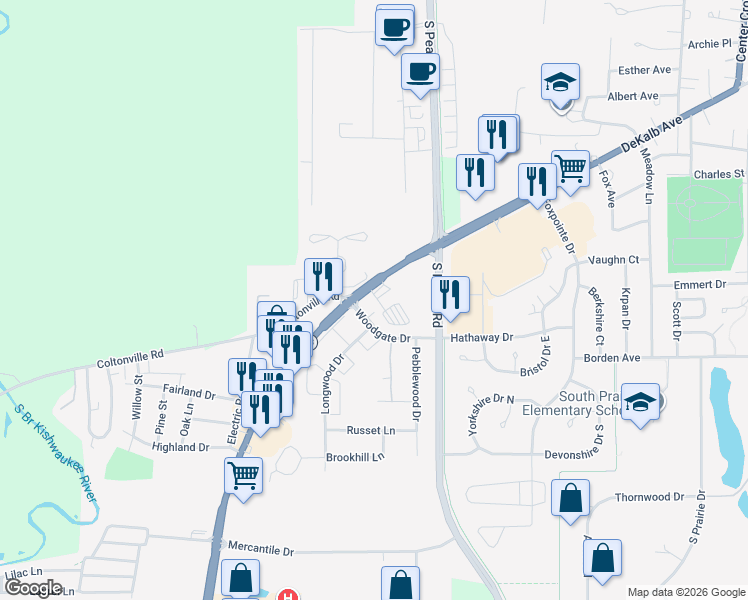 map of restaurants, bars, coffee shops, grocery stores, and more near 1400 Dekalb Avenue in Sycamore