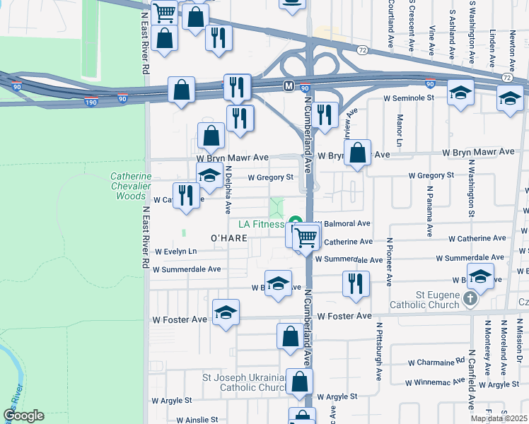 map of restaurants, bars, coffee shops, grocery stores, and more near 8506 West Rascher Avenue in Chicago