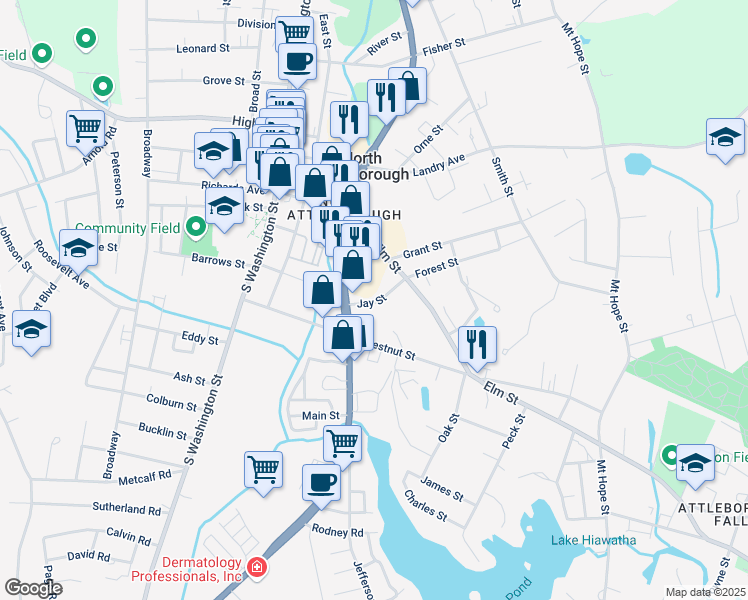 map of restaurants, bars, coffee shops, grocery stores, and more near 19 Jay Street in North Attleborough