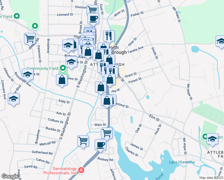map of restaurants, bars, coffee shops, grocery stores, and more near 425 East Washington Street in North Attleborough