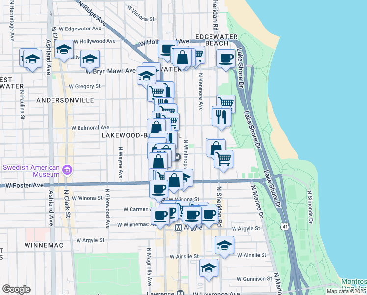 map of restaurants, bars, coffee shops, grocery stores, and more near 5326 North Winthrop Avenue in Chicago