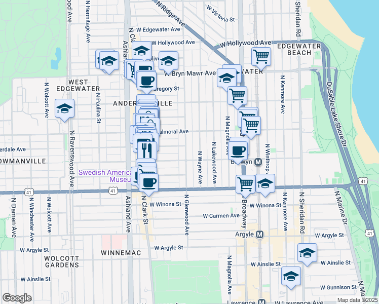map of restaurants, bars, coffee shops, grocery stores, and more near 5329 North Glenwood Avenue in Chicago
