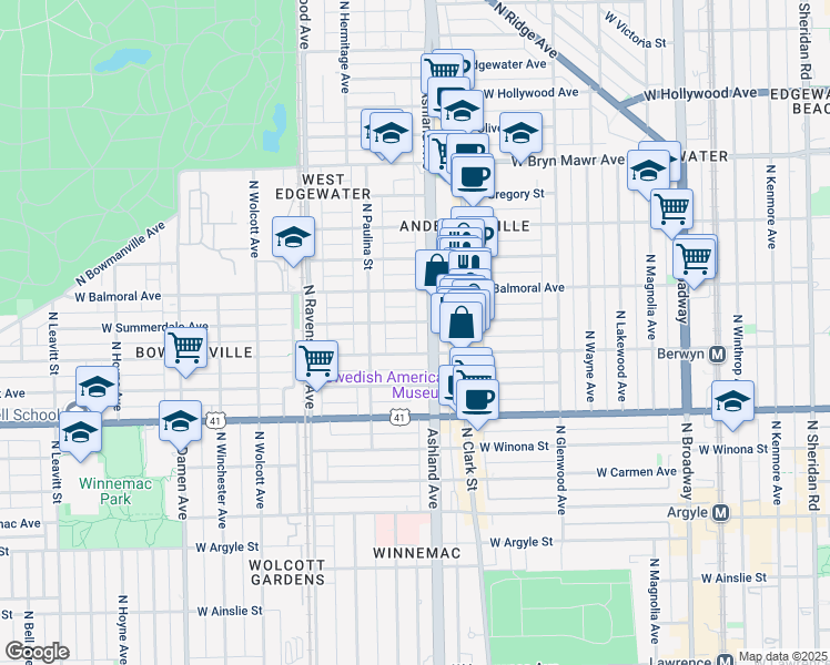 map of restaurants, bars, coffee shops, grocery stores, and more near 1620 West Summerdale Avenue in Chicago