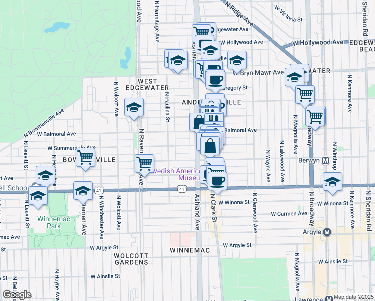 map of restaurants, bars, coffee shops, grocery stores, and more near 1620 West Summerdale Avenue in Chicago